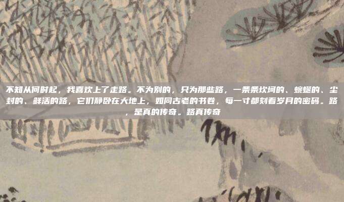 不知从何时起，我喜欢上了走路。不为别的，只为那些路，一条条坎坷的、蜿蜒的、尘封的、鲜活的路，它们静卧在大地上，如同古老的书卷，每一寸都刻着岁月的密码。路，是真的传奇。路真传奇