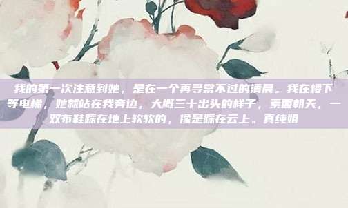 我的第一次注意到她,是在一个再寻常不过的清晨。我在楼下等电梯,她就站在我旁边,大概三十出头的样子,素面朝天,一双布鞋踩在地上软软的,像是踩在云上。真纯姐