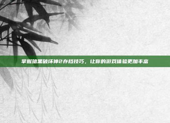 掌握暗黑破坏神2存档技巧,让你的游戏体验更加丰富