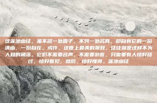 这莲池幽径，虽不名一处园子，不列一处名胜，却自有它的一份清幽，一份自在。或许，这世上最美的景致，往往就是这样不为人知的角落。它们不需要名声，不需要游客，只需要有人恰好路过，恰好看见，然后，恰好懂得。莲池幽径